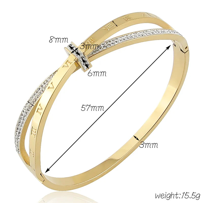 Cross Roman Numerals Stainless Steel Crystal Bangle